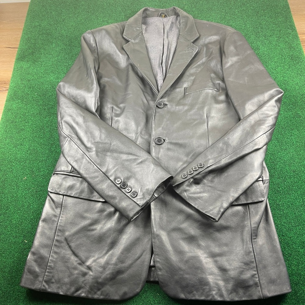 F.R. Tripler & Co Signature Gold Black Leather Blazer Jacket Mens 42L - Picture 3 of 10
